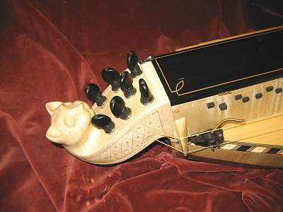 Head and Capo of custom Hurdy Gurdy by Chris Allen and Sabina Kormylo