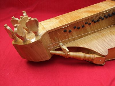Peghead detail of Henry 3 Hurdy Gurdy by Chris Allen and Sabina Kormylo