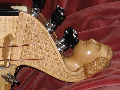 Peghead detail of Nigout Hurdy Gurdy by Chris Allen and Sabina Kormylo